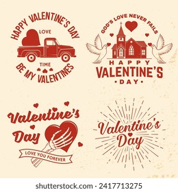 Set of vintage happy valentines day badge. Vector illustration. Template for Valentines Day greeting card, banner, poster, flyer with red church, doves, retro truck, skeleton hand holding a heart