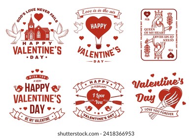 Set of vintage happy valentines day badge. Vector illustration. Template for Valentines Day greeting card, banner, poster, flyer with red church, doves, playing card queen, skeleton hand holding a