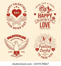 Juego de insignia vintage feliz día de San Valentín. Ilustración vectorial. Plantilla para tarjeta de saludo de San Valentín, cartel, afiche, volante con dados de casino rojo, palomas, camión retro, mano esqueleto sosteniendo el corazón