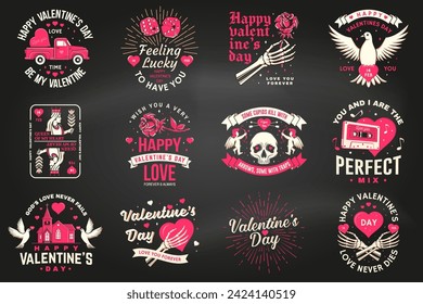 Set of vintage happy valentines day badge. Vector illustration. Template for Valentines Day greeting card, banner, poster, flyer with cupid holding bow, arrow, skeleton hand, rose and heart