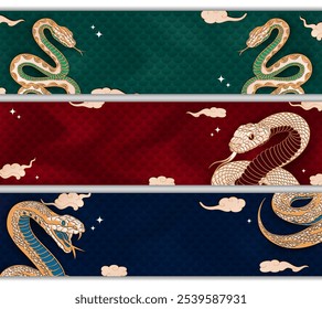 Set of vintage headers with oriental symbol - snake and place for text on blue, red, green background with reptile scales. Panoramic paper cut banners in asian style for 2025 Lunar New Year of Snake