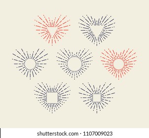 Set of Vintage Heart Sunbursts. Trendy Hand Drawn Retro Bursting Rays Design Elements. Hipster Vector illustration