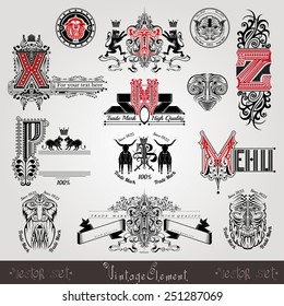 set vintage heraldic labels and capital letter with pattern and animals