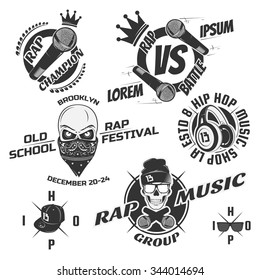 Set of vintage hip hop and rap emblems, labels and design elements. Monochrome style. 