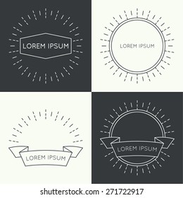 Set of vintage hipster banners,  insignias,  radial  sunbusrt with ribbon and geometric shapes. Border and frame. 