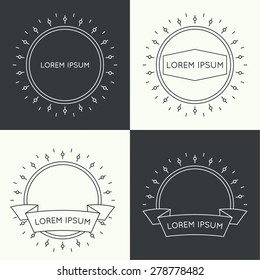 Set of vintage hipster banners,  insignias,  radial  sunbusrt with ribbon and geometric shapes. Border and frame. 