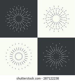 Set of vintage hipster banners, insignias, radial sunburst. Border and frame. 