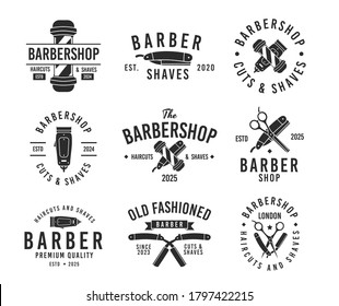 Set of Vintage hipster barbershop logo. Retro typography, Vintage prints for t-shirt, sticker, wall and poster design. Vector illustration