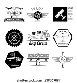 Set of vintage hipster biplane design elements