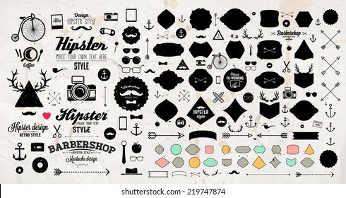Set of Vintage Hipster Labels, Anchors, Arrows, Deer Antlers, Ribbons, Frames and Icons. Vector Retro Design Elements Collection. Old Paper Texture Background.