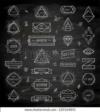 Set of Vintage Hipster Labels. Retro Borders Collection. Old Paper Texture Background. Sunburst and Light Ray Vector Elements. Graphic Eye, Arrows, Ribbons, Borders, Flowers and Frames. Chalkboard.
