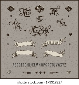 Set of vintage hipster labels, ribbon, arrow, alphabet. Vector image. 