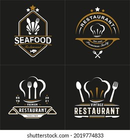 Set of Vintage Hipster Retro Logo Style for Restaurant Logo Design. With gold chef head cap, spoon, knife, clam, and fork icon. Premium and Luxury logo