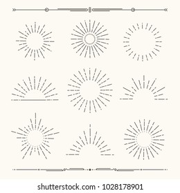 Set of vintage, hipster sunburst shapes. Shine sun ray set.  Sunset icon collection. Trendy hand drawn retro bursting rays design. Hipster banner elements.  Radiant sun flashes. Vector illustration. 