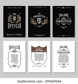 set vintage hipster typography monochrome label, flyer or poster with crest, logo, crown, flower, wing, shield for club, bar, cafe, restaurant, hotel , boutique