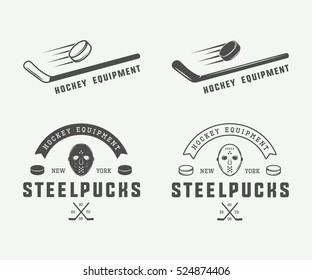 Conjunto de emblemas de hockey vintage, logos, insignias, etiquetas y elementos de diseño. Ilustración de vectores de arte gráfico.
