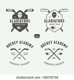 Set of vintage hockey emblems, logos, badges, labels and design elements. Graphic Art. Vector Illustration.

