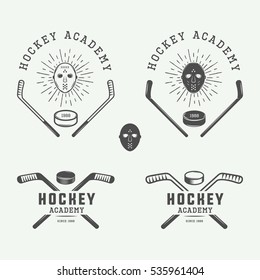 Set of vintage hockey emblems, logos, badges, labels and design elements. Graphic Art. Vector Illustration.

