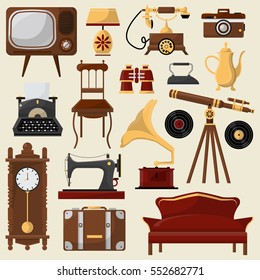 Set of vintage home furniture and accessories. Retro interior: chair, sofa, lamp and clock. Antique collection. Vector illustrations isolated on beige background. Design element in flat style