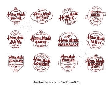 Set of vintage Homemade labels. Bakery, pasta, biscuit, deserts, marmalade, chocolate, bread, cakes emblems, badges, logos, phrases, slogans and stamps, stickers. Vector illustration