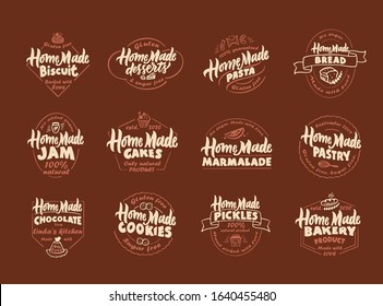Set of vintage Homemade. Pastry, pickles, bakery, pasta, deserts, bread jam, cookies, emblems, badges, logos, phrases, slogans, stamps, labels, stickers. Hand drawn lettering. Vector illustration