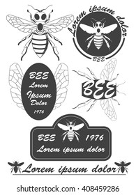 Set of vintage honey, bees labels, badges and design elements. Vector illustration