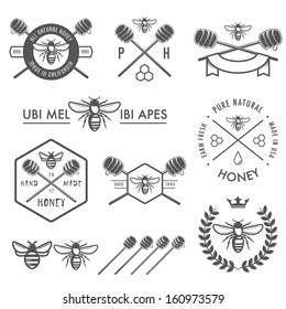 Set of vintage honey labels, badges and design elements
