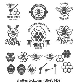 Set of vintage honey labels, badges, logotypes and design elements. Apiary logo template