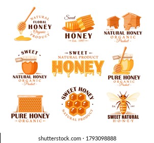 Set of vintage honey labels. Templates for the design of logos and emblems. Collection of honey symbols: bee, beehive, honeycomb. Vector illustration