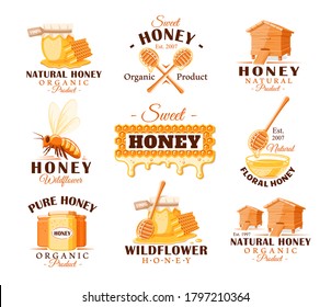 Set of vintage honey labels. Templates for the design of logos and emblems. Collection of honey symbols: bee, beehive, honeycomb. Vector illustration