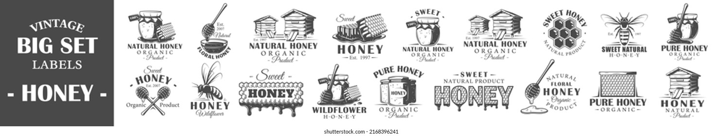 Conjunto de etiquetas de miel vintage. Plantillas para el diseño de logotipos y emblemas. Colección de símbolos de miel: abeja, colmena, panza de miel. Ilustración del vector