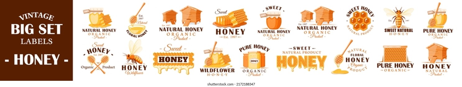 Conjunto de etiquetas de miel vintage. Plantillas para el diseño de logotipos y emblemas. Colección de símbolos de miel: abeja, colmena, panza de miel. Ilustración del vector