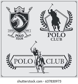 Set of vintage horse polo club labels, emblems, badges and design elements.