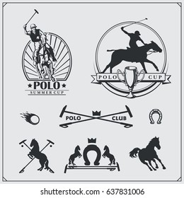 Set of vintage horse polo club labels, emblems, badges and design elements.