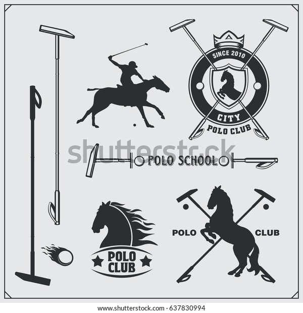 Set of vintage horse polo club labels, emblems,\
badges and design\
elements.