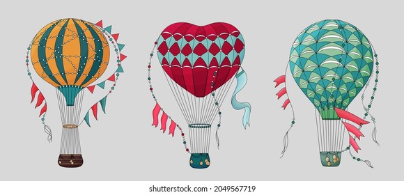 Set of Vintage hot air balloon. Different balloon aerostat collection. Color air balloons isolated. Large bag filled with hot gas and basket.
Flying transport. Hand drawn vintage style flight airship.