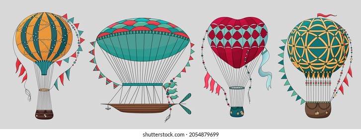 Set of Vintage hot air balloon. Different balloon aerostat collection. Color air balloons isolated. Large bag filled with hot gas and basket.
Flying transport. Hand drawn vintage style flight airship.