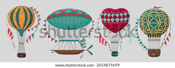 Set of Vintage hot air balloon. Different\
balloon aerostat collection. Color air balloons isolated. Large bag\
filled with hot gas and basket.\
Flying transport. Hand drawn\
vintage style flight\
airship.