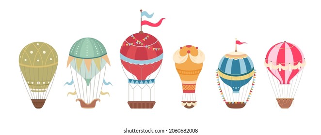 Set of vintage hot air balloons with ribbons and flags. Retro air transport. Vector flat cartoon balloons with baskets for stickers and postcards.