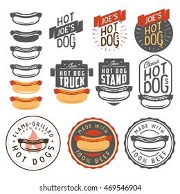 Set of vintage hot dog labels, badges, emblems and design elements