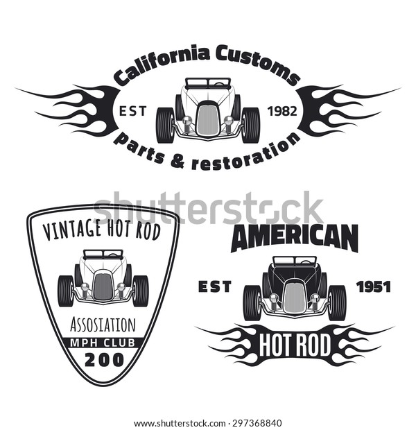 Set of vintage hot rod car labels, logos and icons. Hot\
rod car club and classic car restoration emblems. Car company logo\
design. 