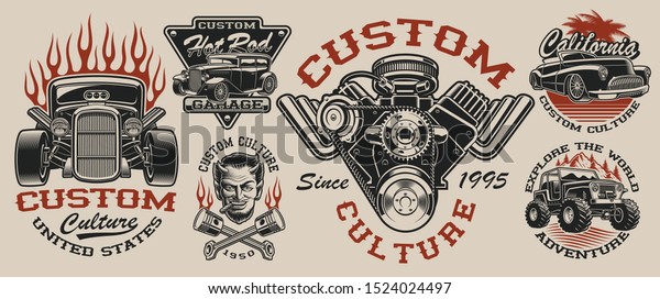 Set of vintage hot rod designs,\
perfect for logos, posters, apparel and many other.\
Layered