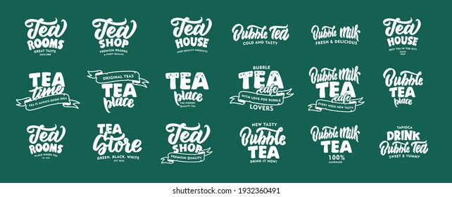 Set of vintage Hot Tea and Bubble cold tea drink emblems and phrases. Badges on green background isolated. Collection of retro logos with hand-drawn text. Vector illustration