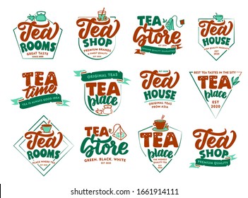 Set of vintage Hot tea drink emblems and stamps. Colorful badges, stickers on white background isolated. Collection of retro logos with hand-drawn text, phrases. Vector illustration