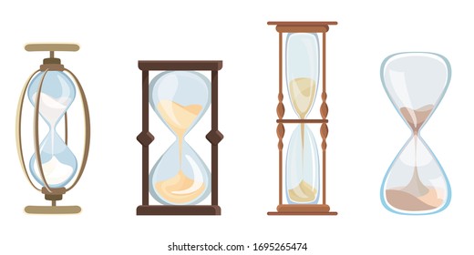 Set of vintage hourglass. Clock with flowing sand in cartoon style.