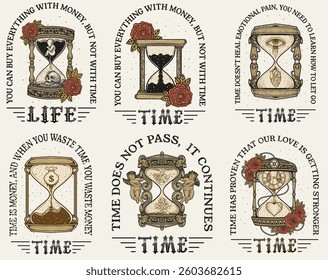 Set vintage hourglass with typography on white background