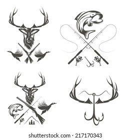 Set of vintage hunting and fishing labels and design elements