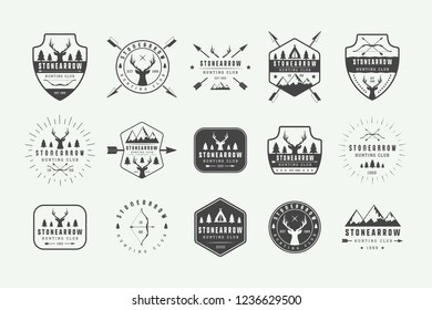 Set of vintage hunting labels, logos, badges, emblems, marks and design elements. Vector Illustration. Monochrome Graphic Art.

