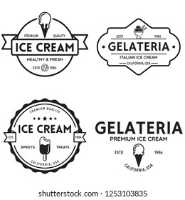 Set Of Vintage Ice Cream Shop Logo Badges And Labels, Gelateria Signs. Retro Logotypes For Cafeteria Or Bar. Isolated Vector Illustration.
