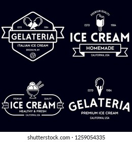 Set of vintage ice cream shop logo badges and labels, gelateria signs. Retro logotypes for cafeteria or bar. Isolated vector illustration.